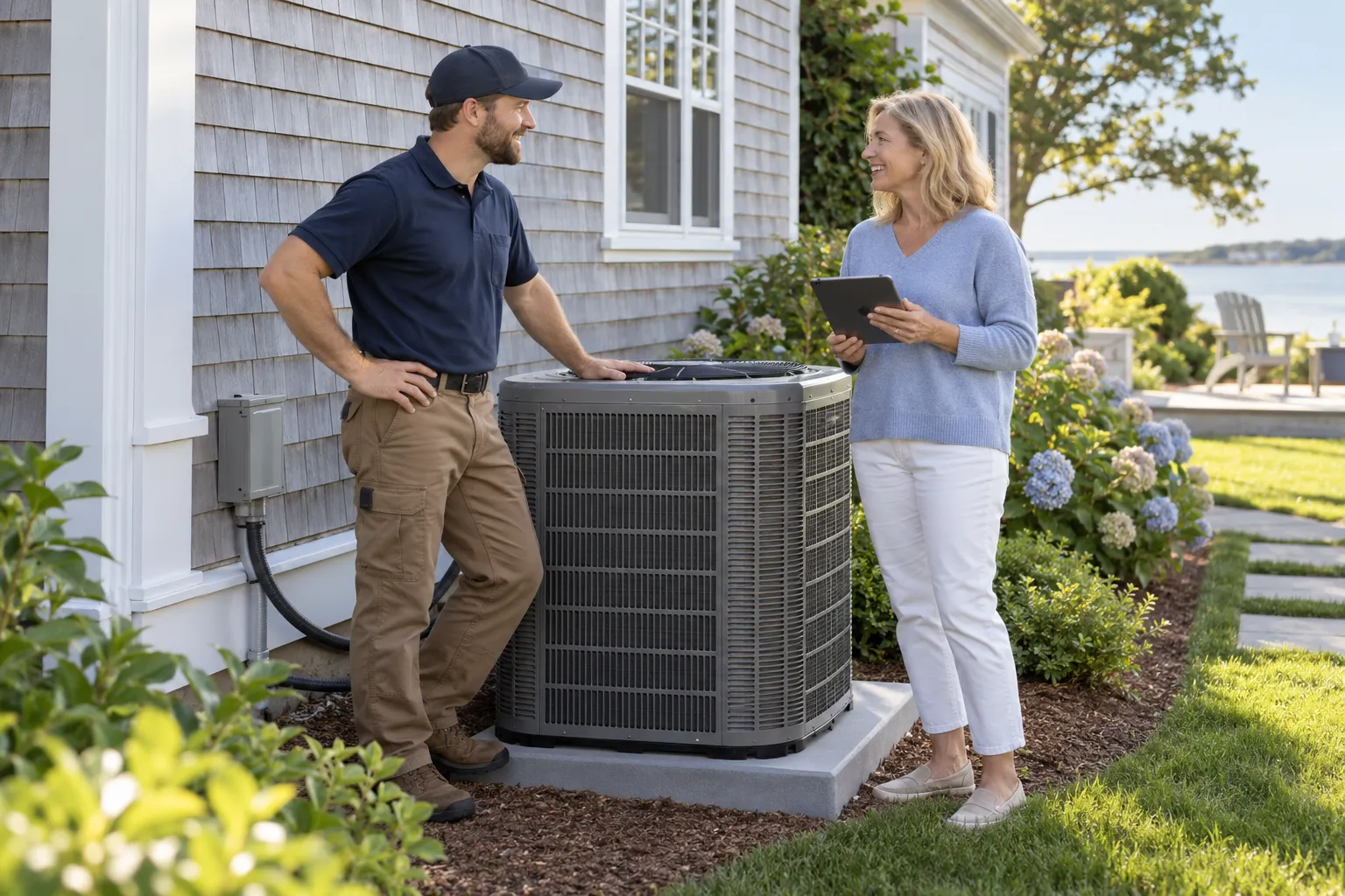 Friendly HVAC provider reviewing a new outdoor air conditioner installation with a homeowner at a Jersey City house