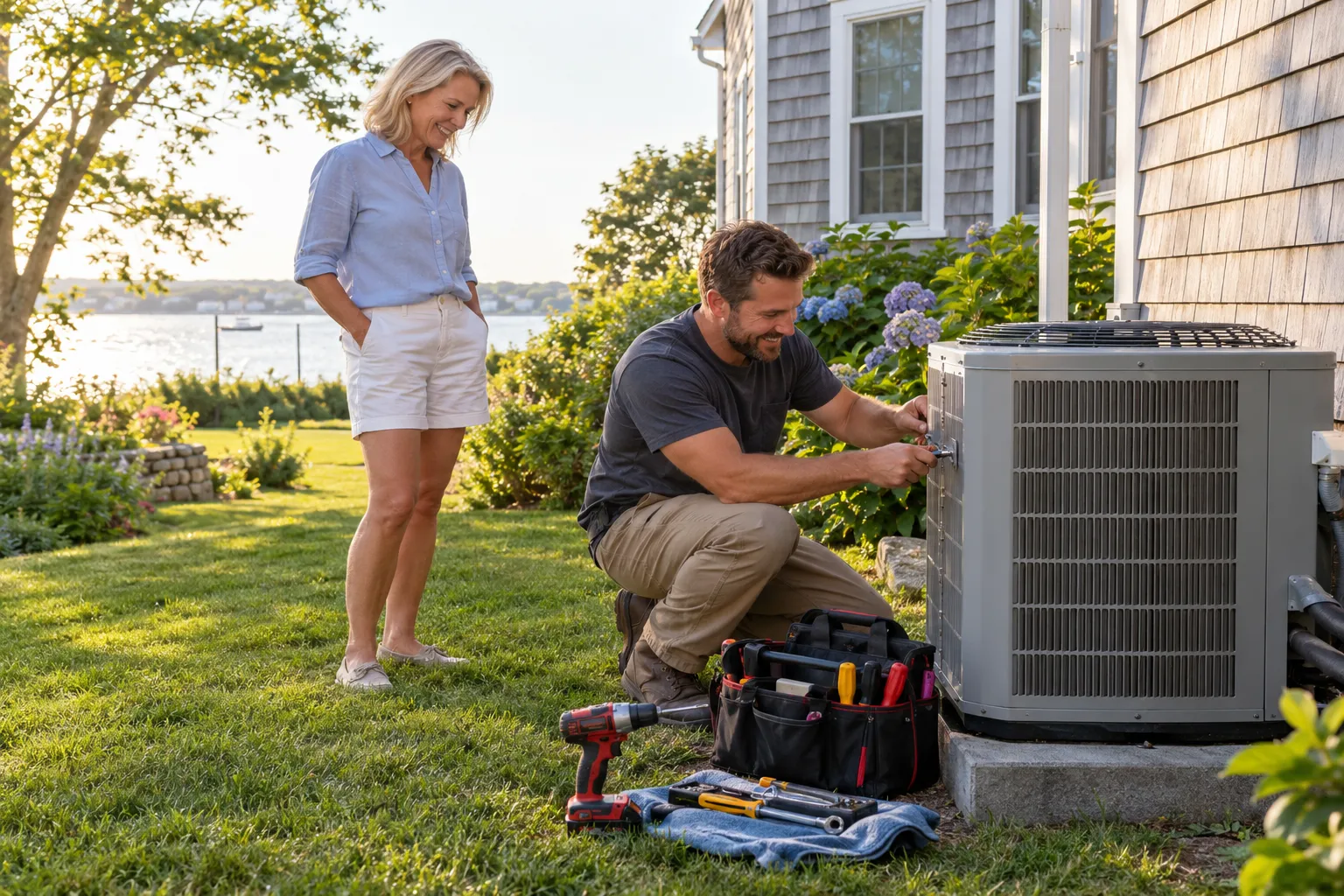 A friendly HVAC provider checking an outdoor air conditioner beside a home in Jersey City