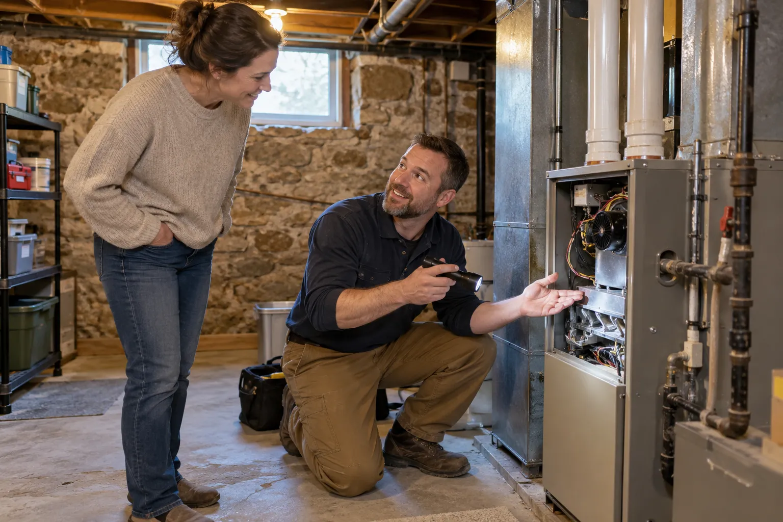 A friendly local provider checking a home furnace in a basement in the Jersey City area