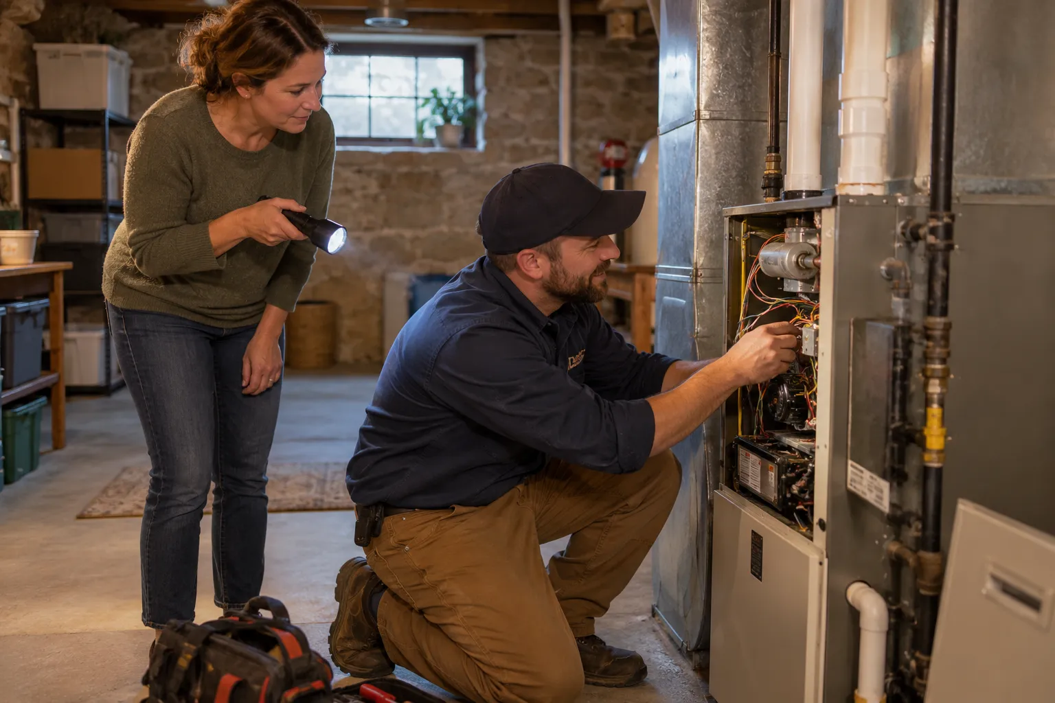 Provider checking a home furnace in a basement in the Jersey City area