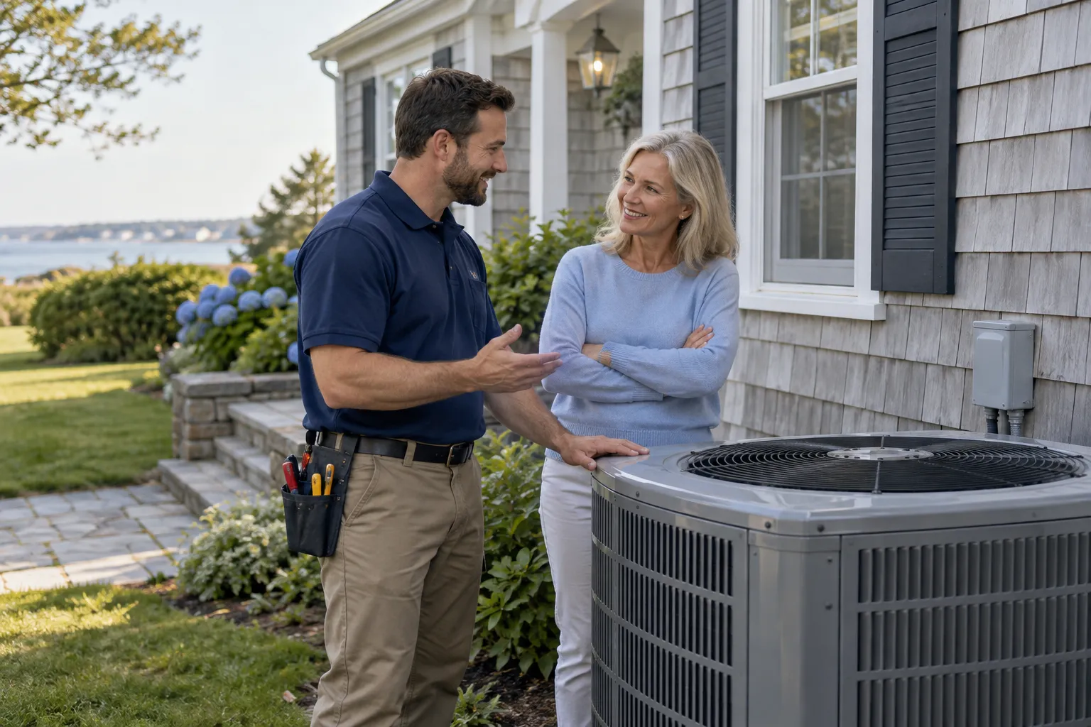 A homeowner in Jersey City talking with a friendly HVAC provider beside an outdoor AC unit